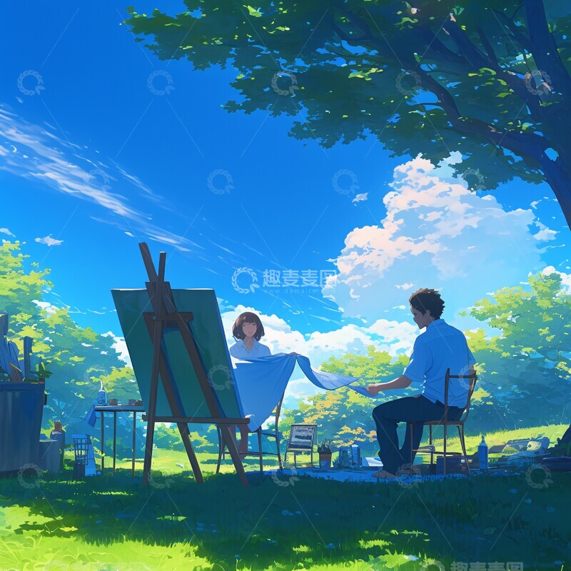 高清大图下载【趣麦麦图】绘画草坪二人2
