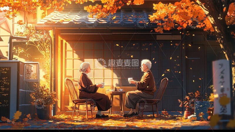 高清大图下载【趣麦麦图】秋日茶话秋日老夫妻椅子2