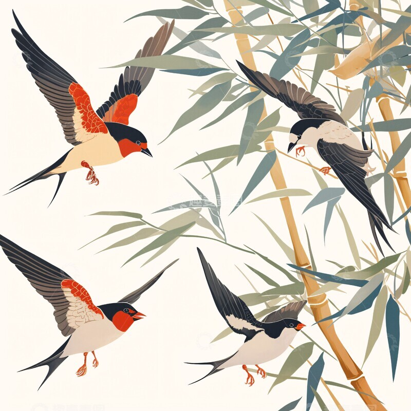 高清大图下载【趣麦麦图】柳枝燕子简绘3