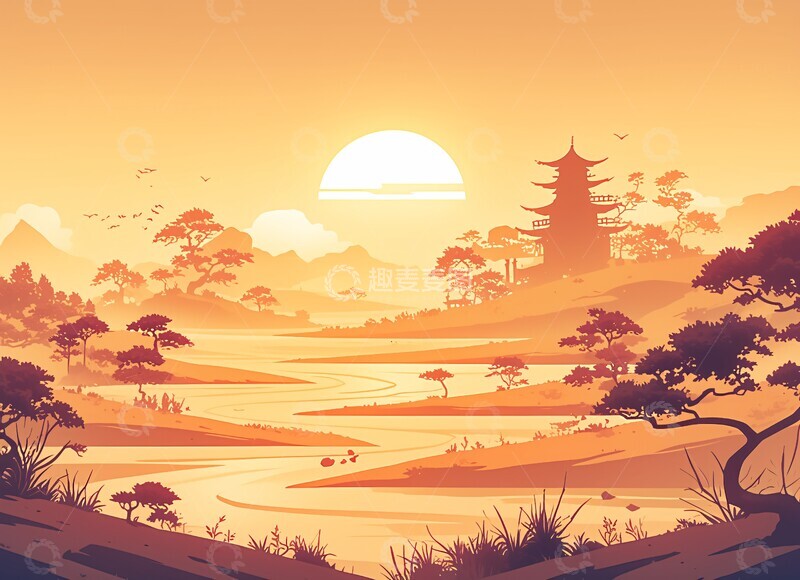 高清大图下载【趣麦麦图】-山水夕阳金光图3