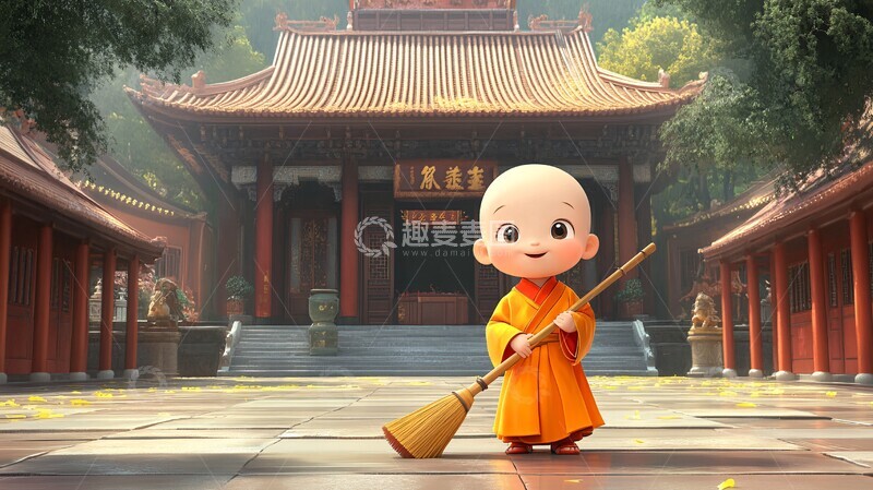 高清大图下载【趣麦麦图】小和尚扫寺庙3