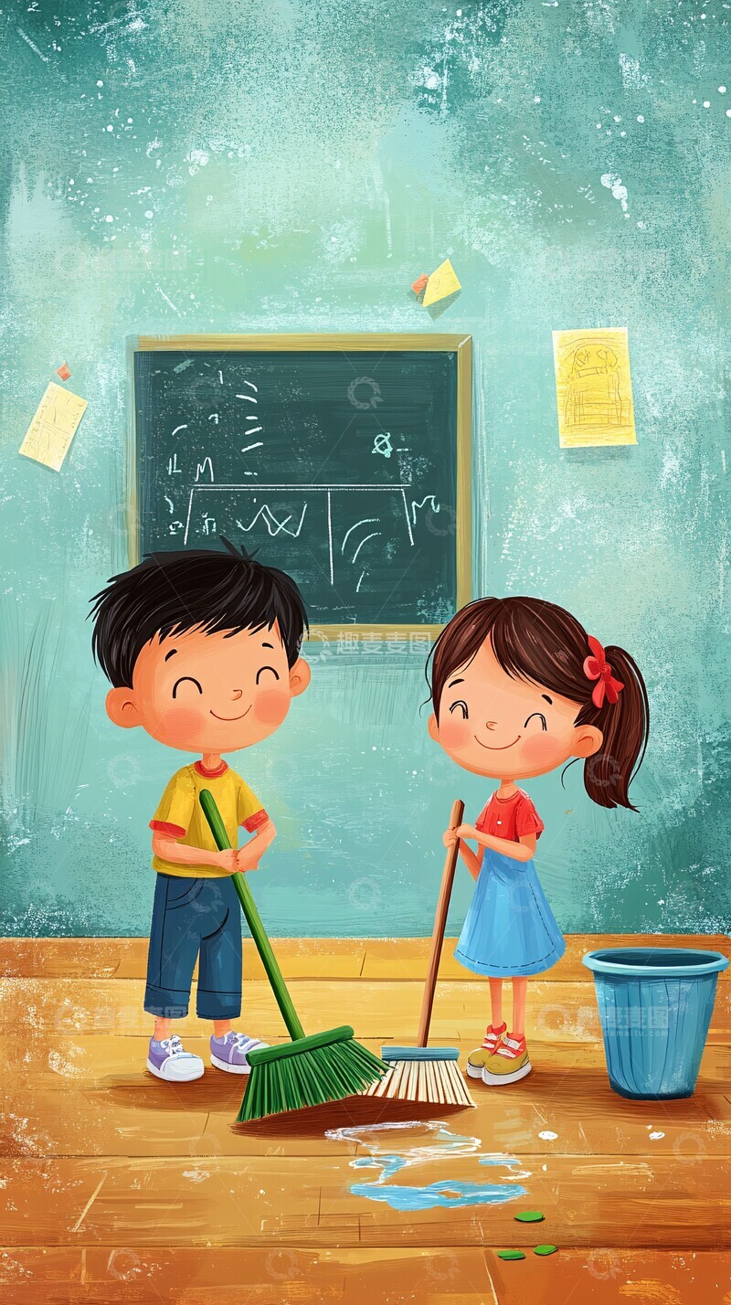 高清大图下载【趣麦麦图】-男孩女孩打扫教室3