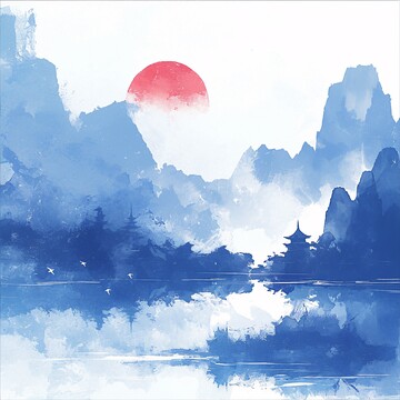 云海山湖塔云海红日水彩3