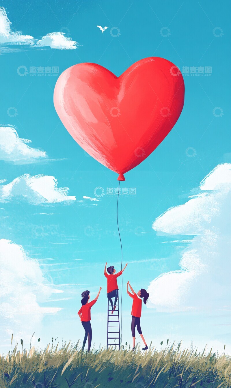 高清大图下载【趣麦麦图】心形气球与梯子2