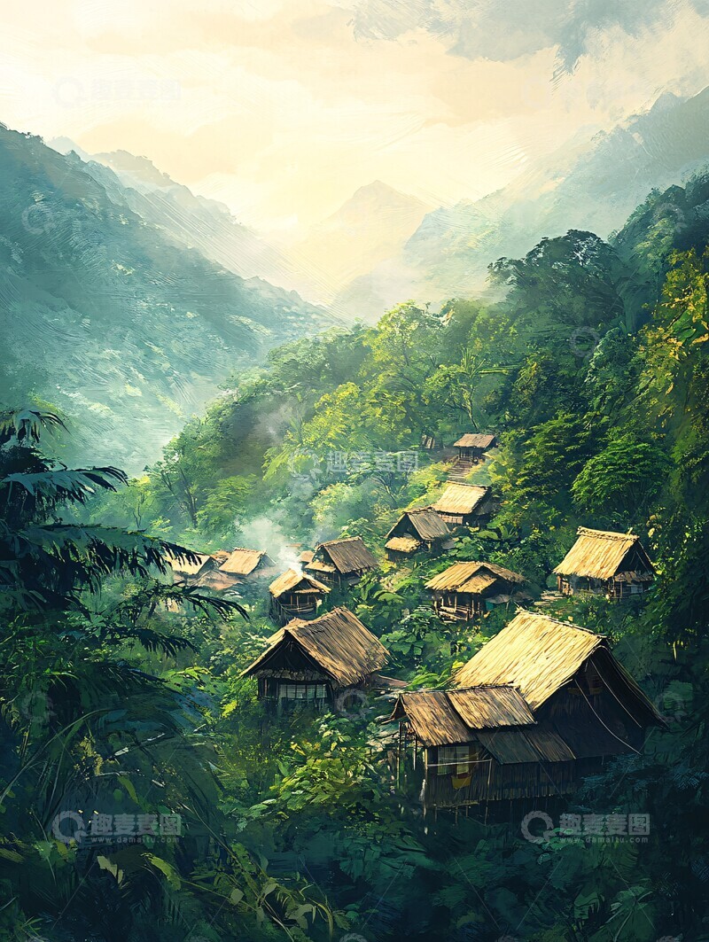 高清大图下载【趣麦麦图】山村木屋晨光3