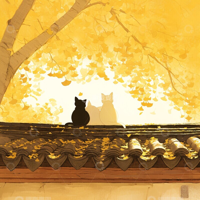 高清大图下载【趣麦麦图】秋日银杏下的猫咪2