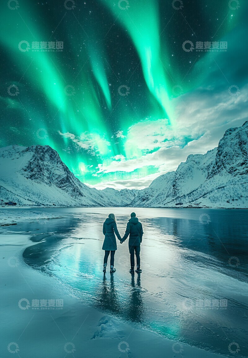 高清大图下载【趣麦麦图】牵手观极光牵手极光雪地3