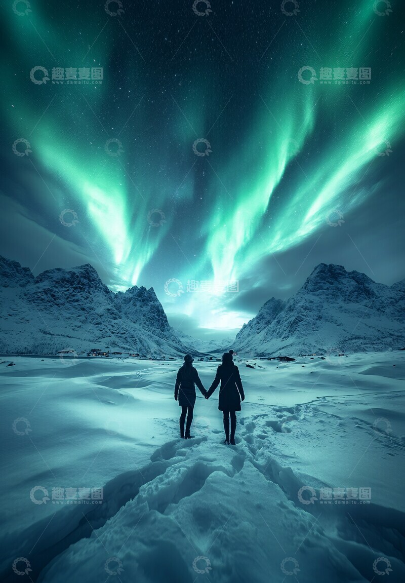 高清大图下载【趣麦麦图】牵手观极光牵手极光雪地2
