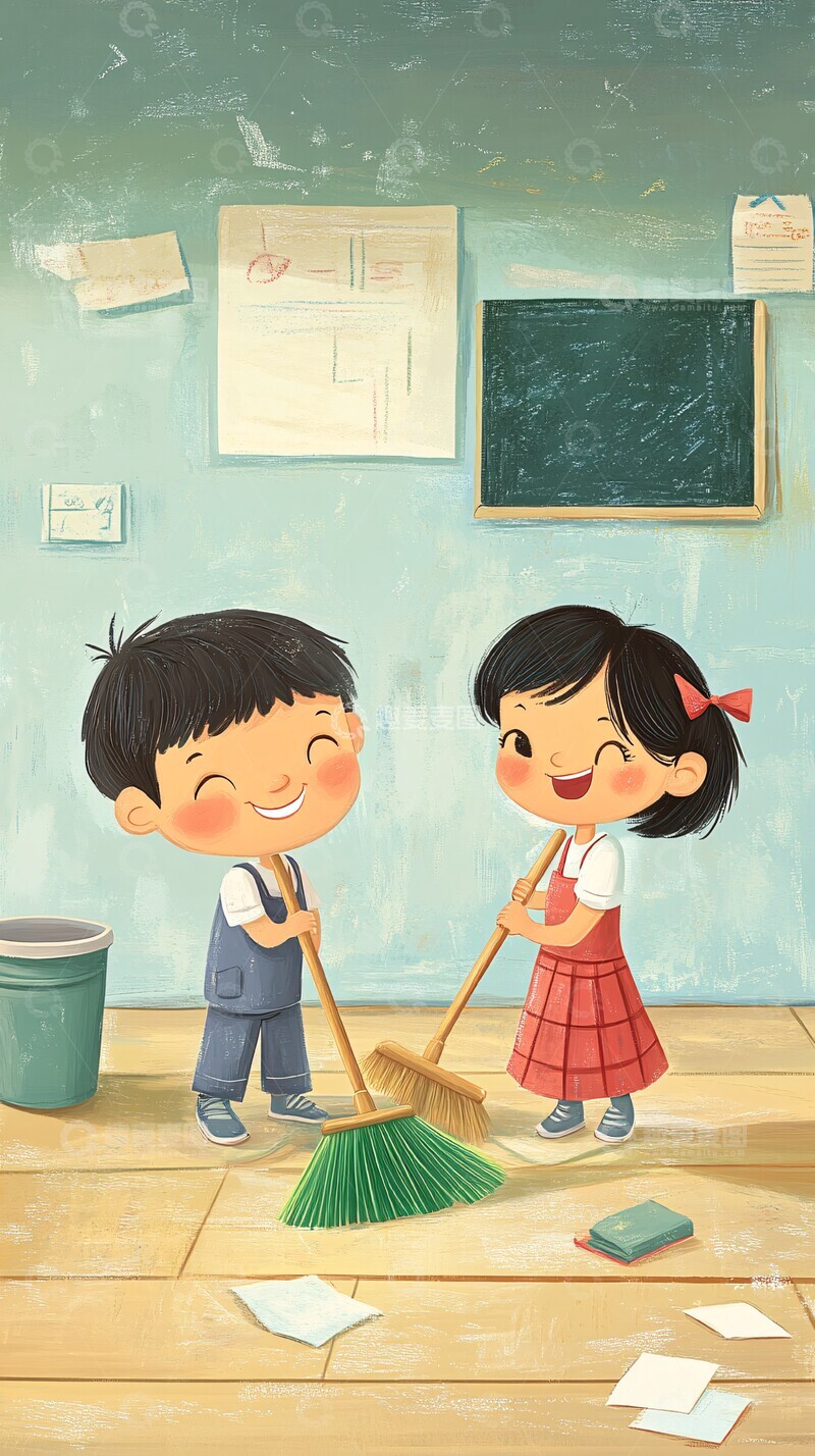 高清大图下载【趣麦麦图】-男孩女孩打扫教室
