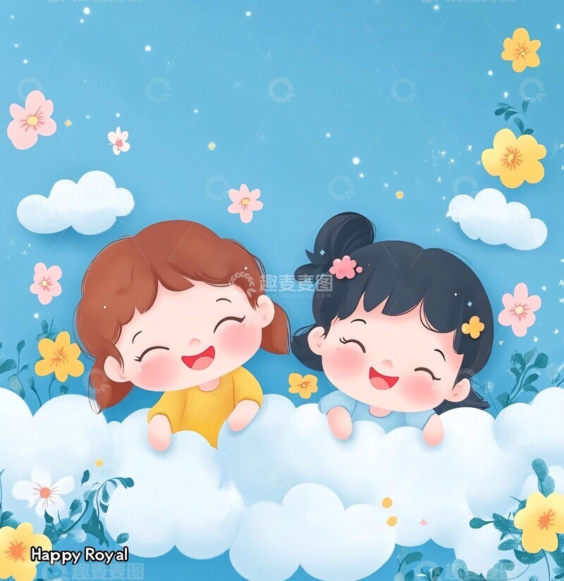 高清大图下载【趣麦麦图】三孩花丛卡通背景2