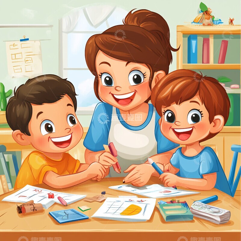 高清大图下载【趣麦麦图】母亲教孩子做作业3