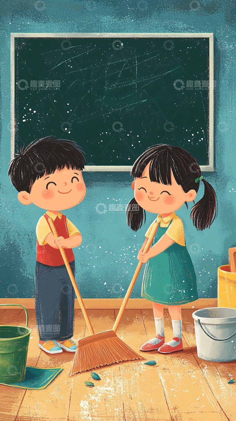 高清大图下载【趣麦麦图】-男孩女孩打扫教室2