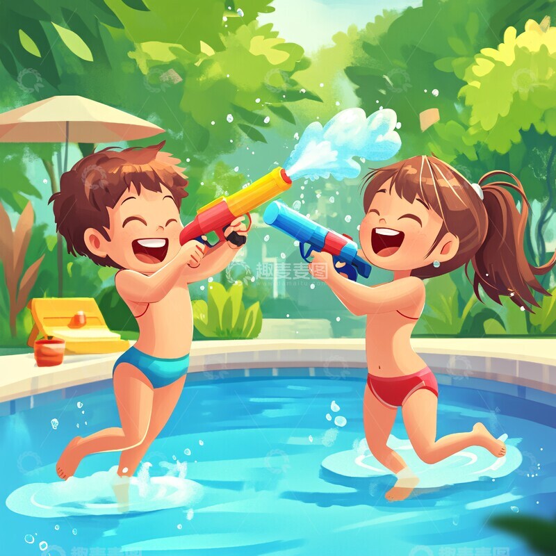 高清大图下载【趣麦麦图】泳池水枪大战