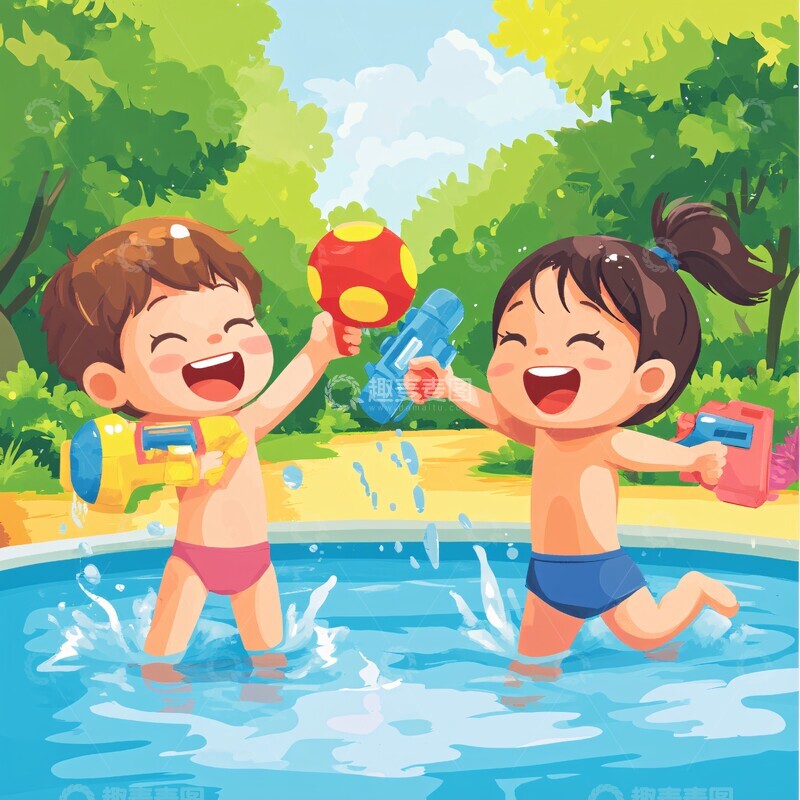高清大图下载【趣麦麦图】儿童泳池水枪玩耍