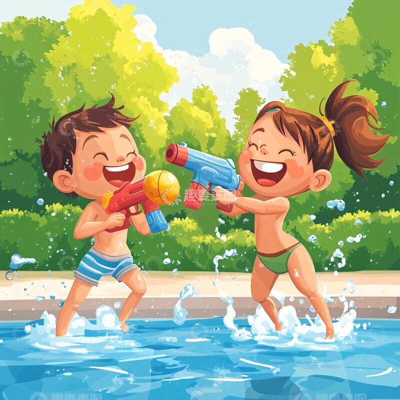 高清大图下载【趣麦麦图】儿童泳池水枪玩耍1