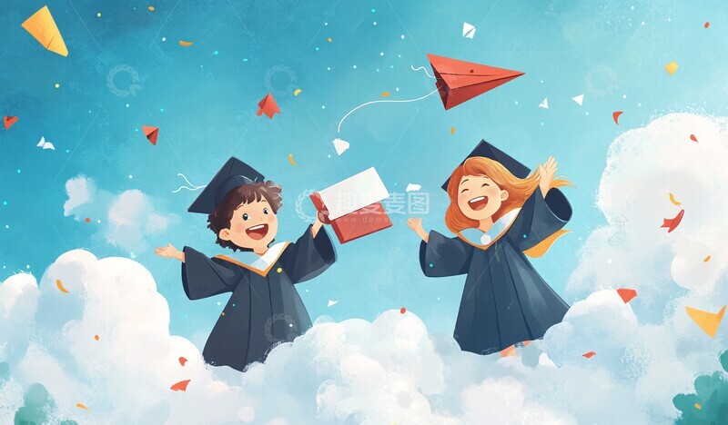 高清大图下载【趣麦麦图】毕业云端纸飞机1