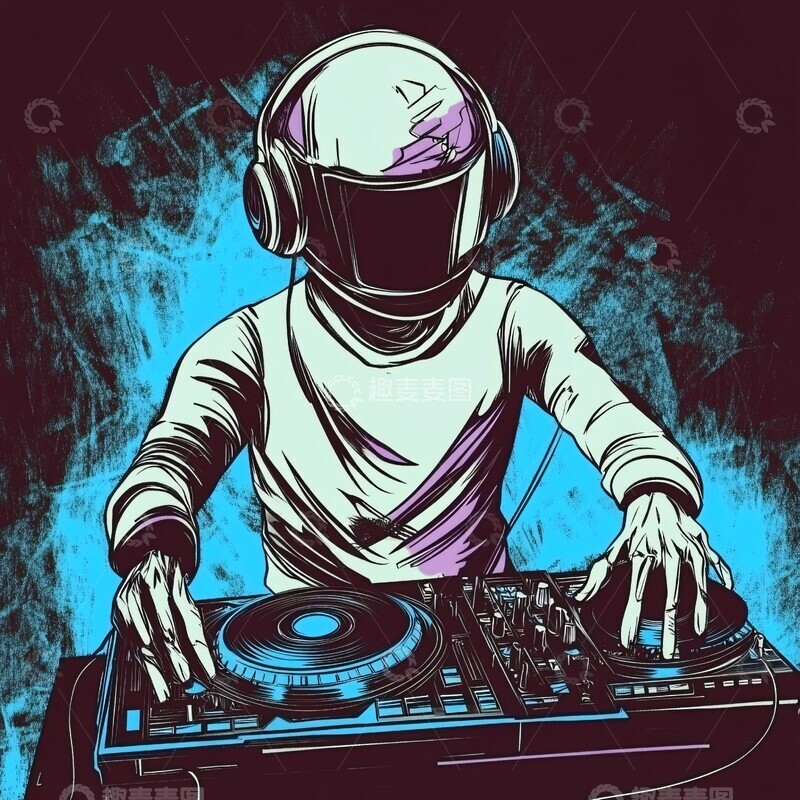 高清大图下载【趣麦麦图】戴摩托头盔放唱片