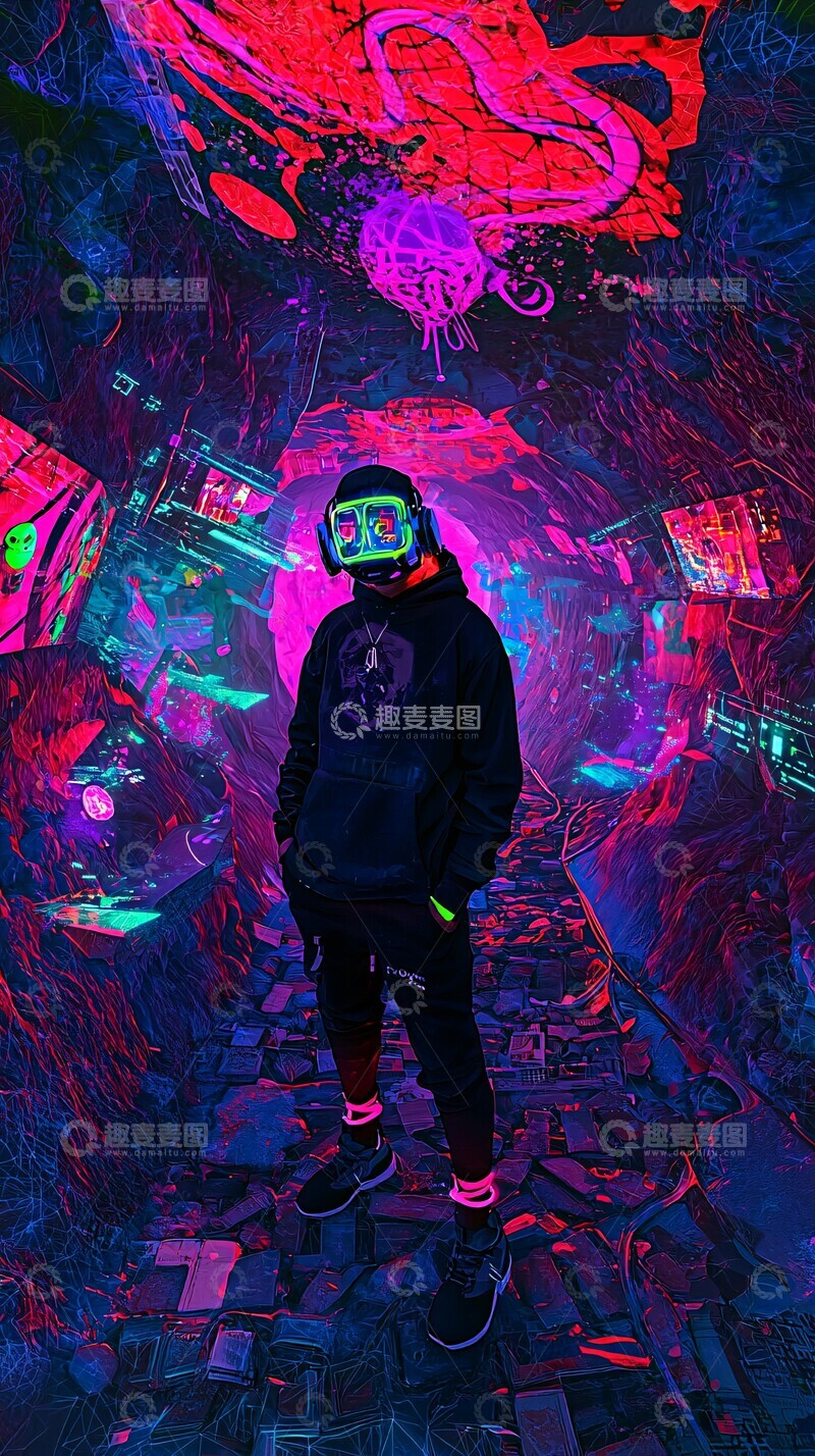 高清大图下载【趣麦麦图】地下极客聚会生物发光面具