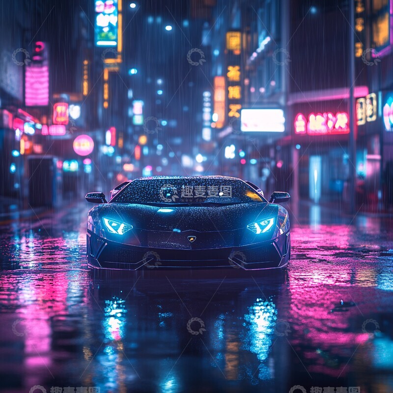 高清大图下载【趣麦麦图】兰博基尼光雨夜2