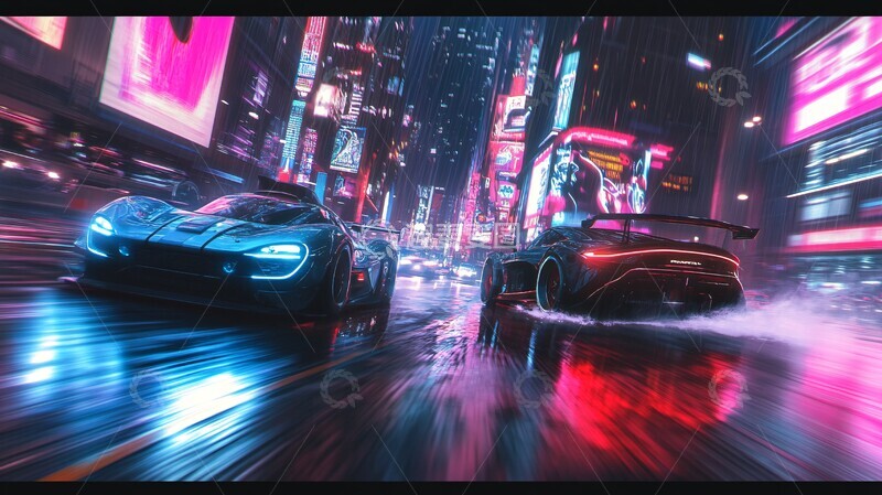 高清大图下载【趣麦麦图】双车夜飙跑车霓虹街道3