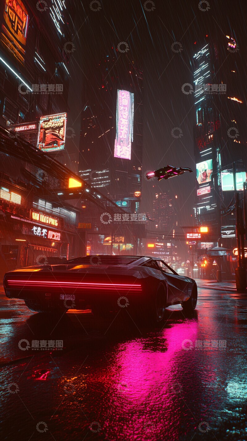 高清大图下载【趣麦麦图】霓虹夜空飞车1
