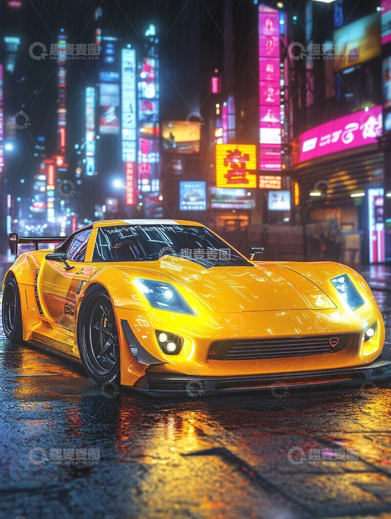 高清大图下载【趣麦麦图】黄色跑车夜景2