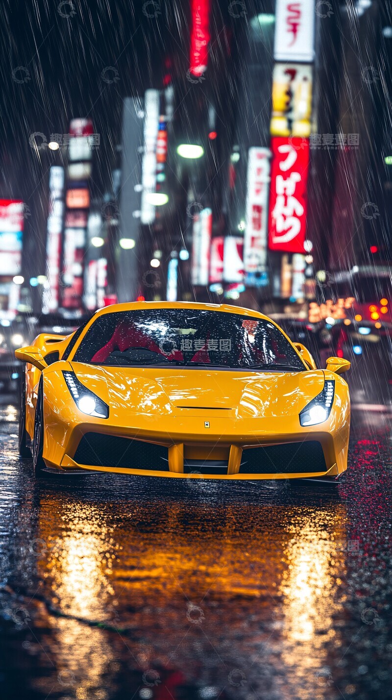 高清大图下载【趣麦麦图】黄色法拉利行驶夜街1
