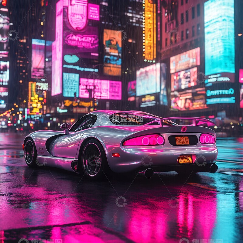 高清大图下载【趣麦麦图】银色跑车雨夜霓虹3
