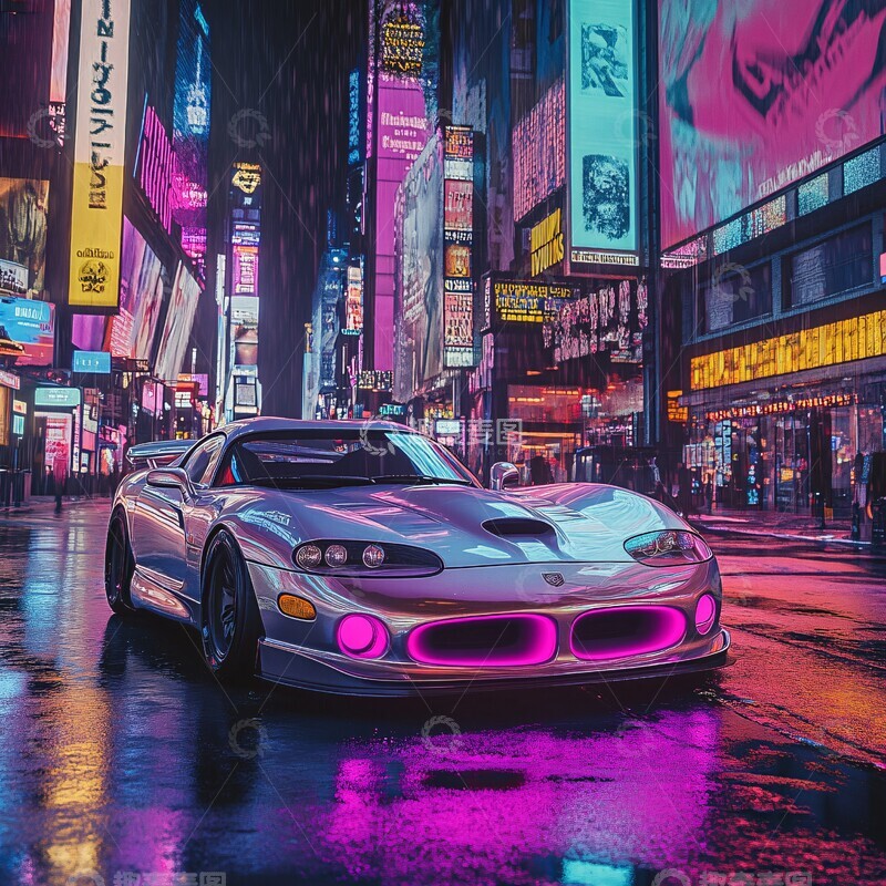 高清大图下载【趣麦麦图】银色跑车雨夜霓虹2