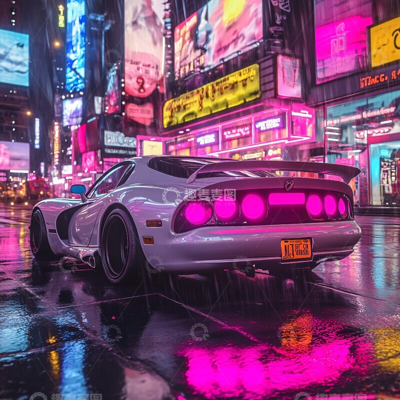 高清大图下载【趣麦麦图】银色跑车雨夜霓虹1