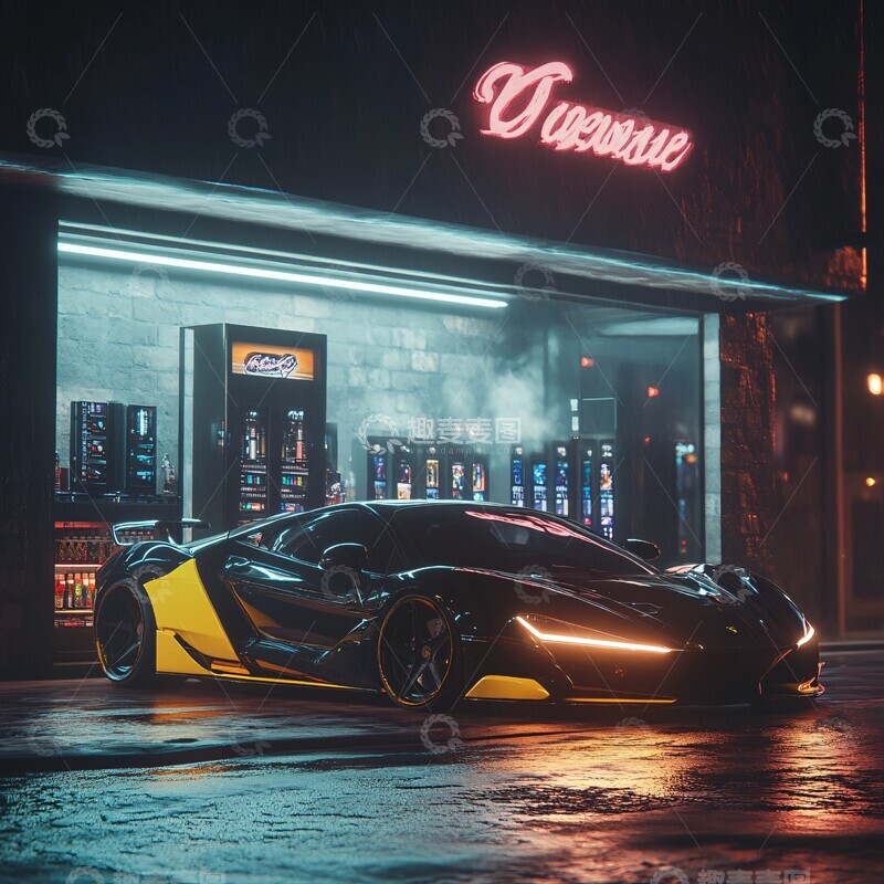 高清大图下载【趣麦麦图】跑车停在电子烟店前2
