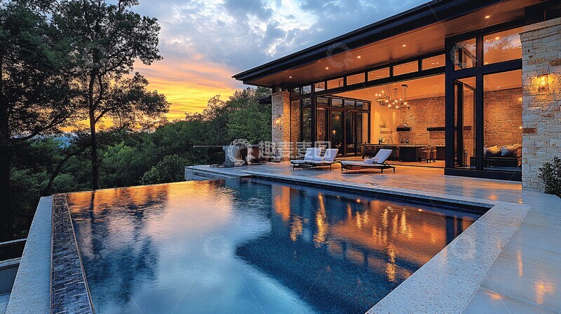 高清大图下载【趣麦麦图】无边泳池夕阳图2