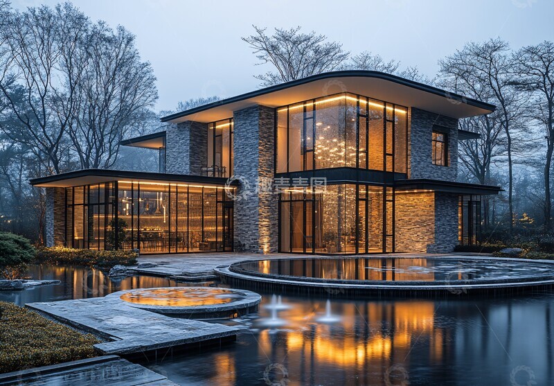 高清大图下载【趣麦麦图】-圆形水池与玻璃窗3