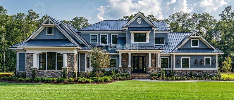 高清大图下载【趣麦麦图】灰白木屋绿树环绕3