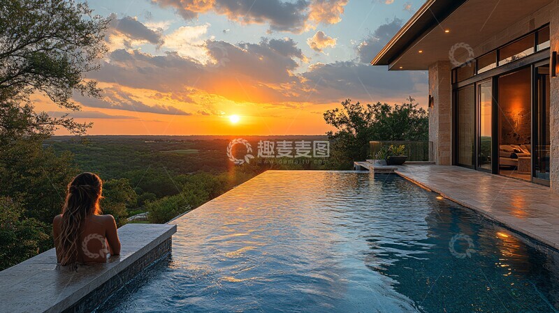 高清大图下载【趣麦麦图】无边泳池夕阳图3
