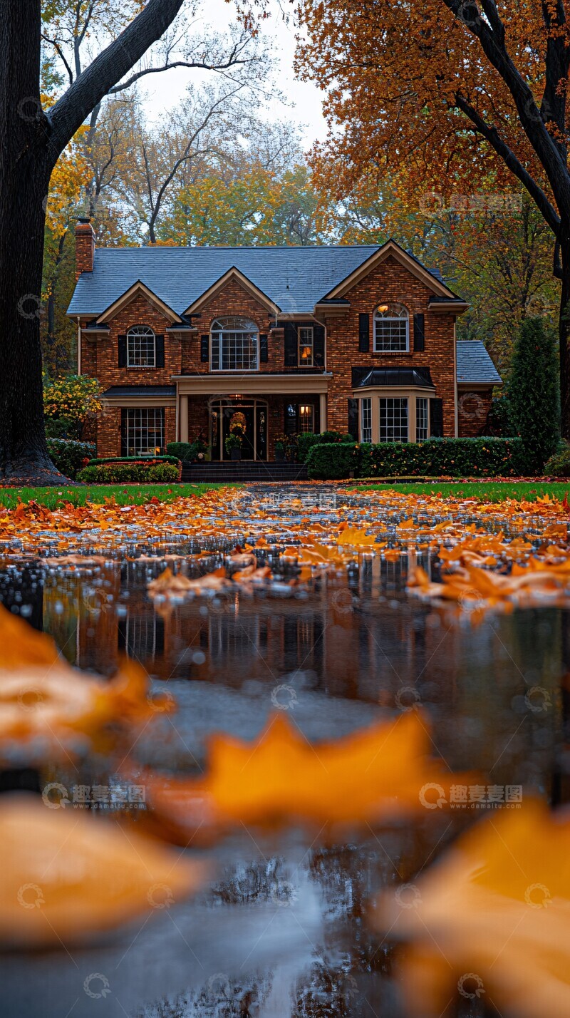 高清大图下载【趣麦麦图】秋雨中的家秋雨树叶庭院3