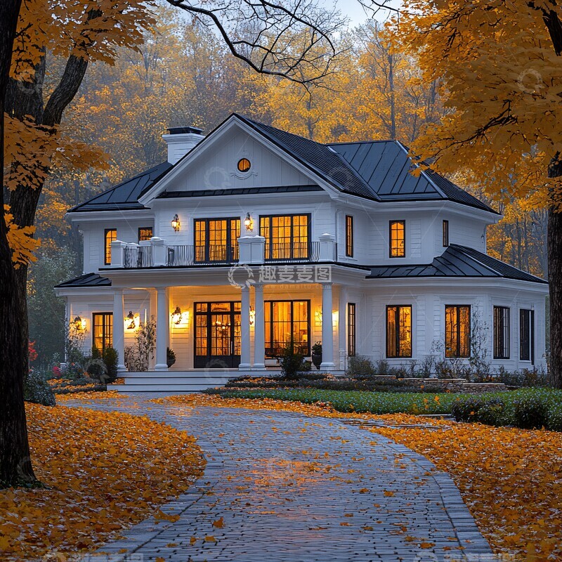 高清大图下载【趣麦麦图】白屋秋叶白屋黑顶栅栏3