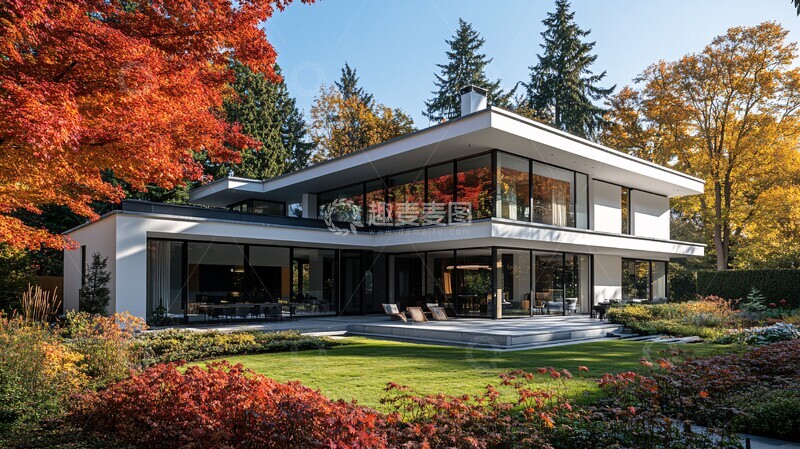 高清大图下载【趣麦麦图】枫林中的白色房屋3