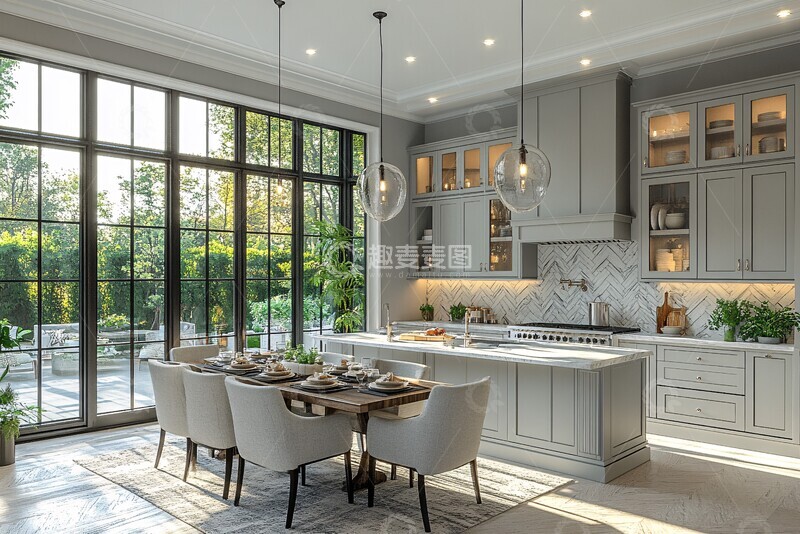 高清大图下载【趣麦麦图】-灰白厨房餐桌椅1