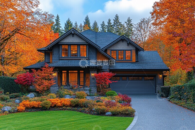 高清大图下载【趣麦麦图】-秋叶掩映的房屋3
