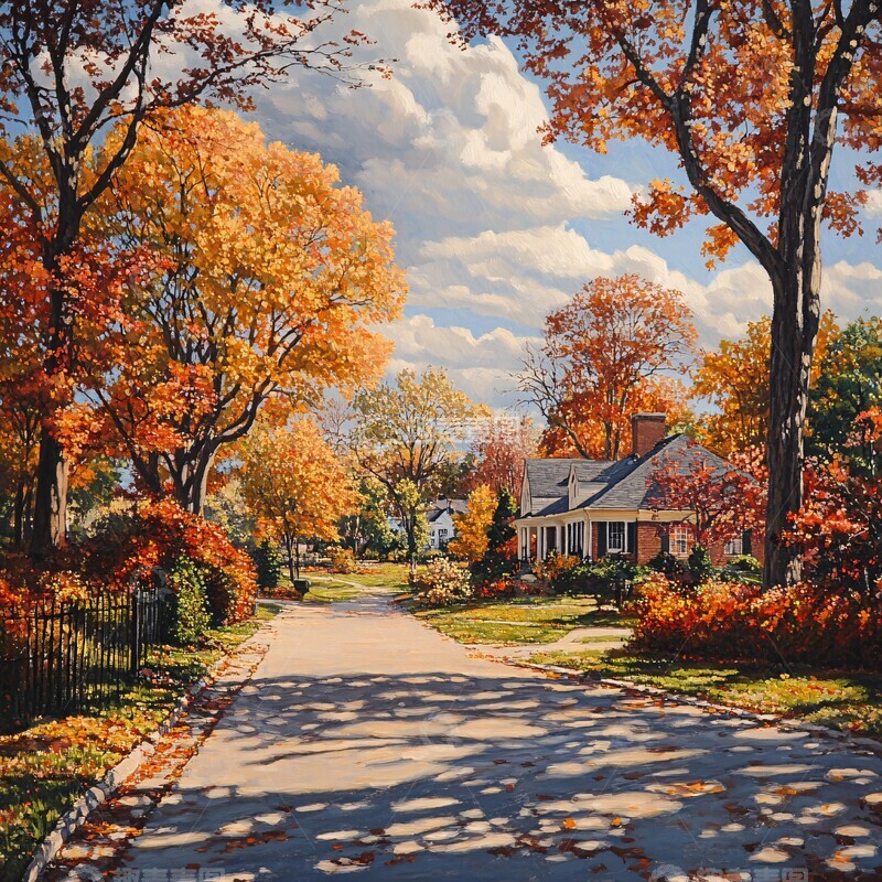 高清大图下载【趣麦麦图】秋林人家人家落叶远景3