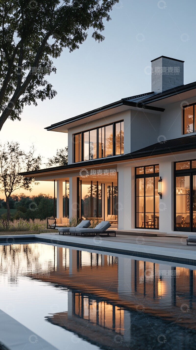 高清大图下载【趣麦麦图】白色农舍泳池夕阳3