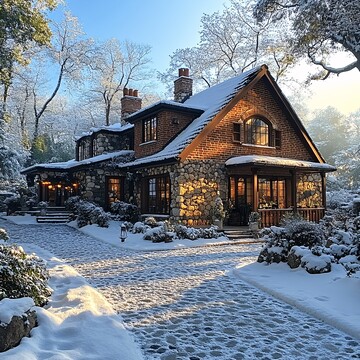 雪中砖房阳光照片周围3