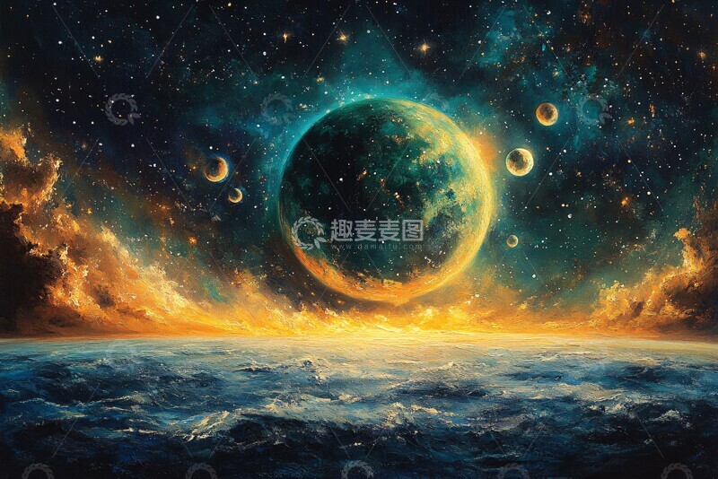 高清大图下载【趣麦麦图】太空行星与三卫星1