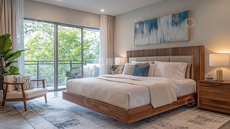 高清大图下载【趣麦麦图】现代主卧实木床阳台