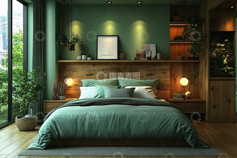 高清大图下载【趣麦麦图】绿墙木床简约卧室