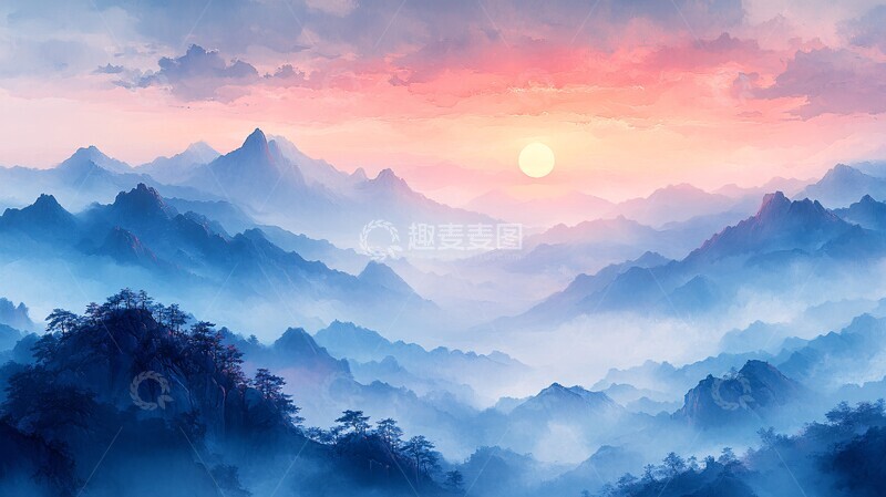 高清大图下载【趣麦麦图】远山云雾墨画