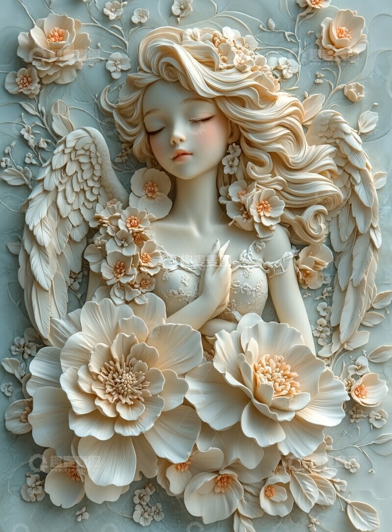 高清大图下载【趣麦麦图】三维花卉天使浮雕2