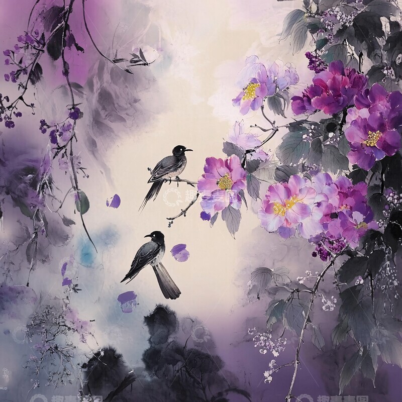 高清大图下载【趣麦麦图】紫色花鸟画紫色现代中式3