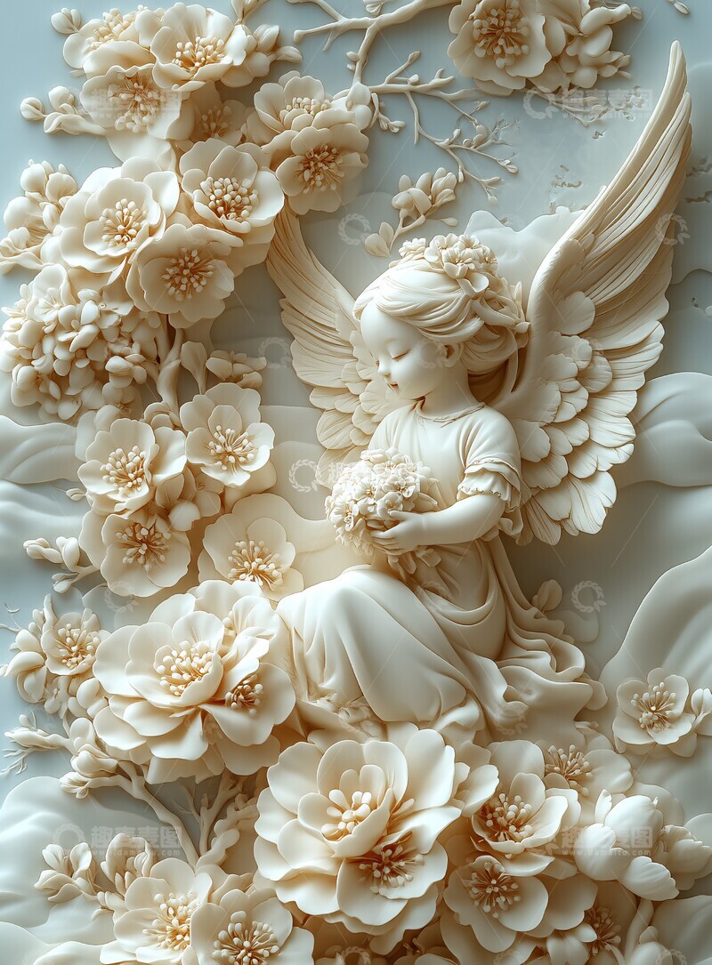 高清大图下载【趣麦麦图】三维花卉天使浮雕